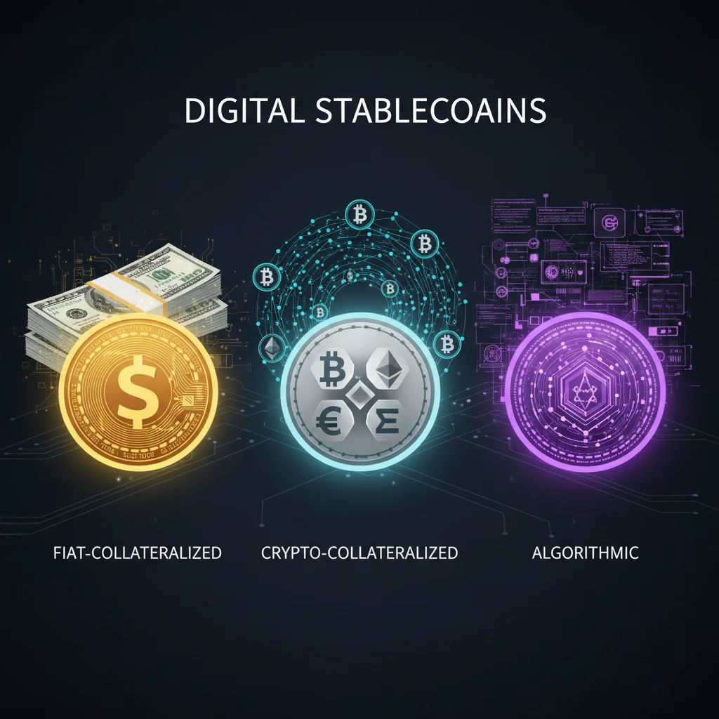 Infográfico mostrando os três tipos de stablecoins: lastreada em moeda fiduciária, em cripto e algorítmica.