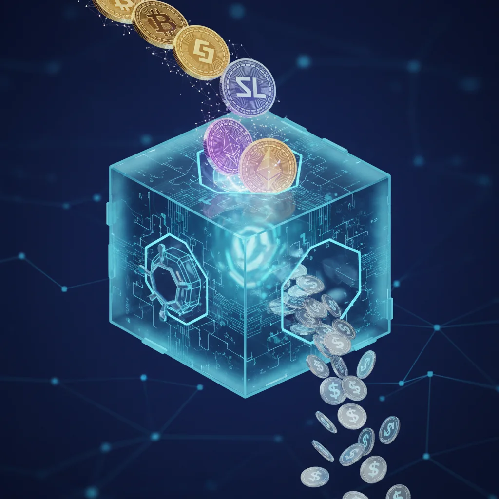 Ilustração de um cofre digital em formato de bloco de blockchain recebendo criptomoedas e gerando novas moedas, simbolizando o rendimento do staking.