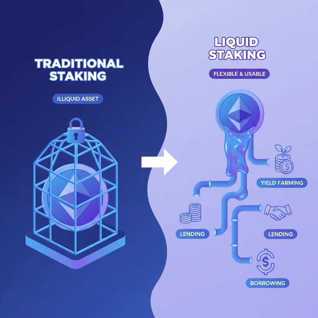 Infográfico explicando a diferença entre staking tradicional e staking de liquidez.