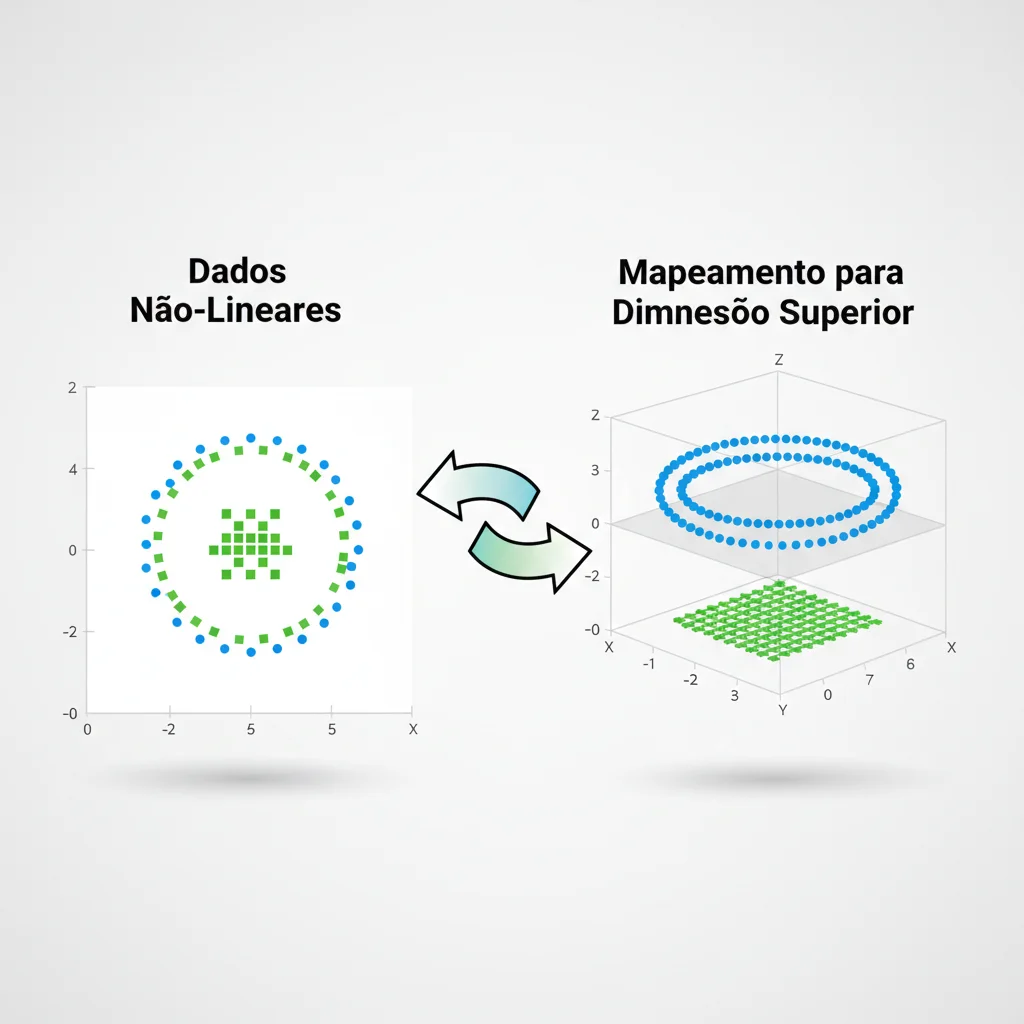 Ilustração do Truque do Kernel no SVM, mostrando como dados não separáveis em 2D são transformados para uma dimensão superior onde um hiperplano pode separá-los.