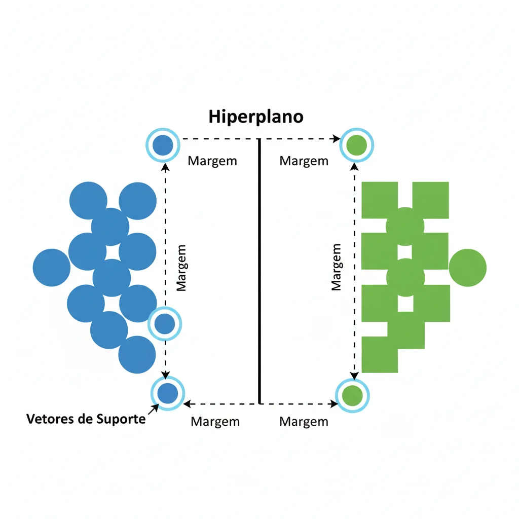 Diagrama ilustrando o funcionamento do SVM, mostrando um hiperplano que separa dois grupos de dados, com a margem e os vetores de suporte destacados.