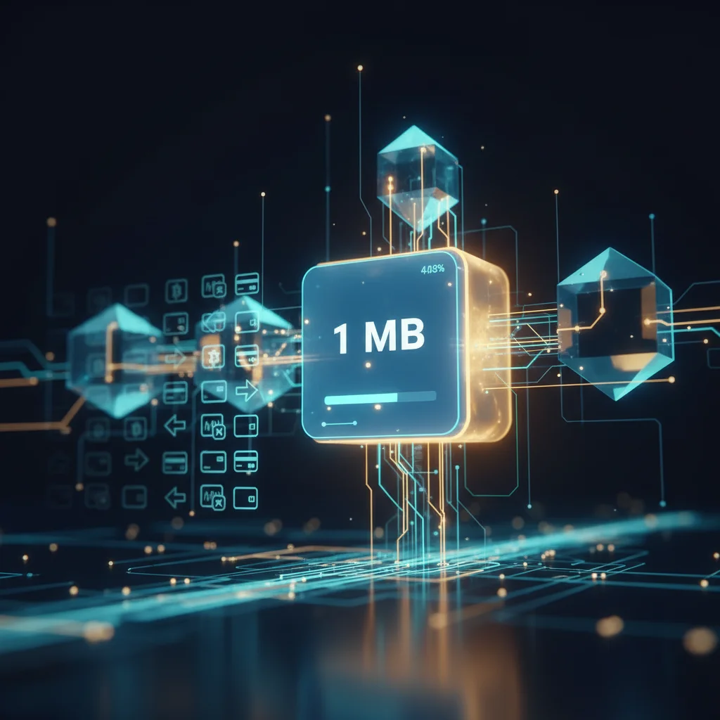 Ilustração de um bloco da blockchain com um limite de tamanho de 1 MB e transações esperando para serem incluídas.