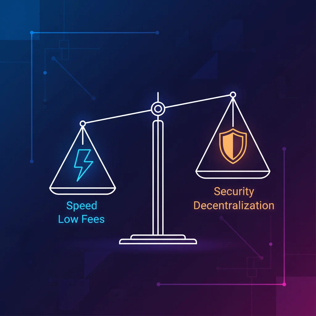 Balança representando o trilema da blockchain: velocidade e taxas baixas de um lado, segurança e descentralização do outro.