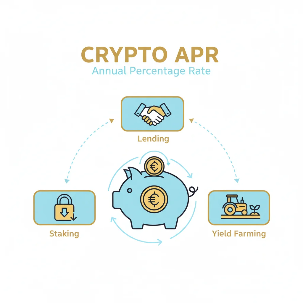 Infográfico explicando como o APR funciona em criptomoedas, mostrando ícones de staking, lending e yield farming.