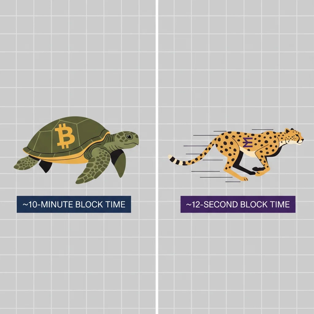 Comparativo do tempo de bloco entre Bitcoin (lento e seguro) e Ethereum (rápido).