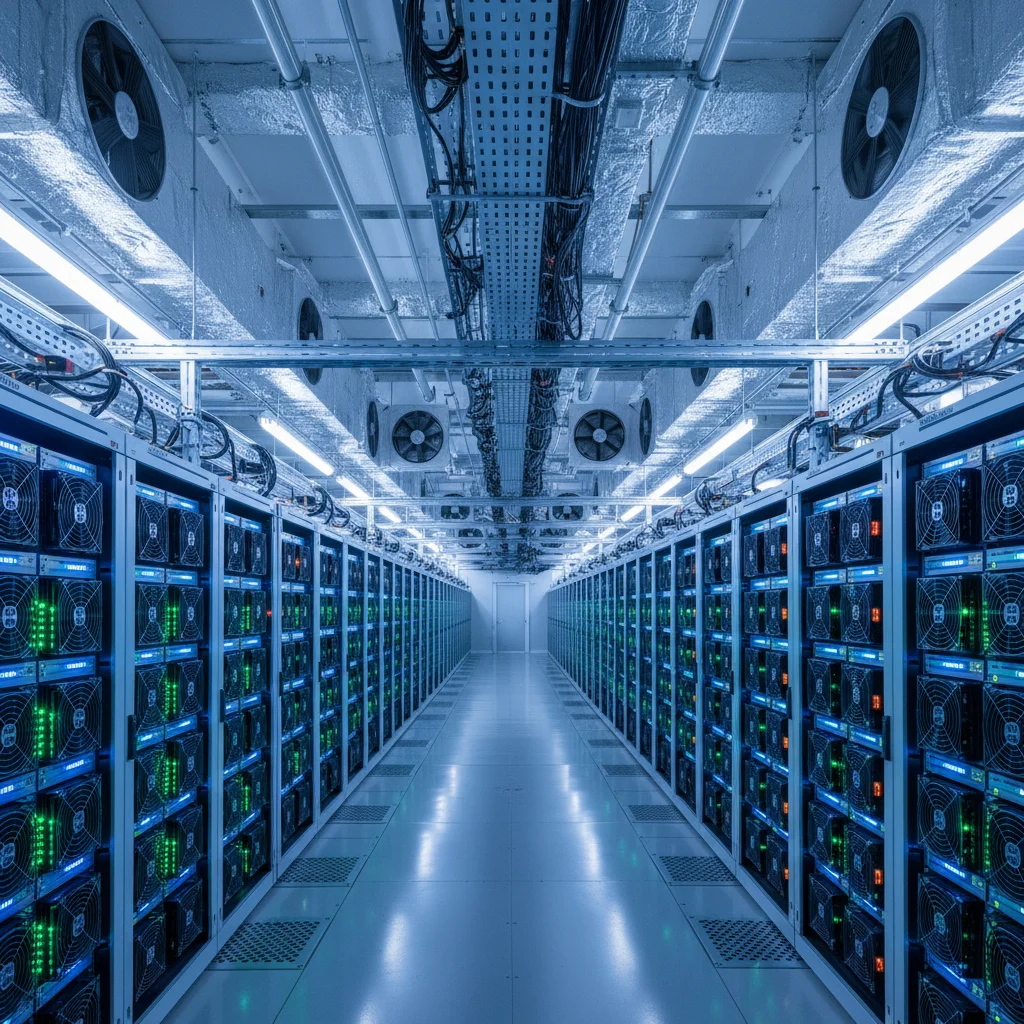 Fileiras de máquinas de mineração de Bitcoin (ASICs) em uma fazenda de mineração moderna.