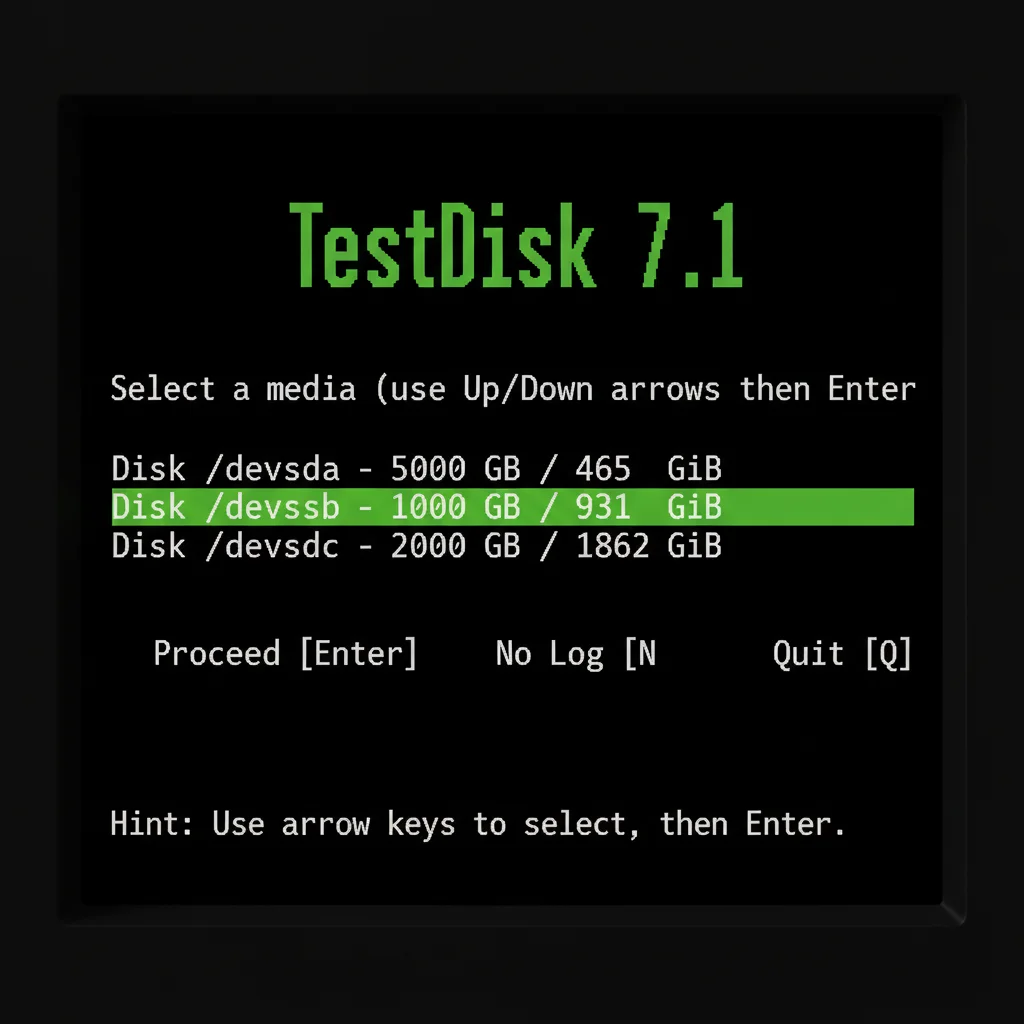 Tela inicial do TestDisk mostrando a lista de discos rígidos disponíveis para análise e recuperação.