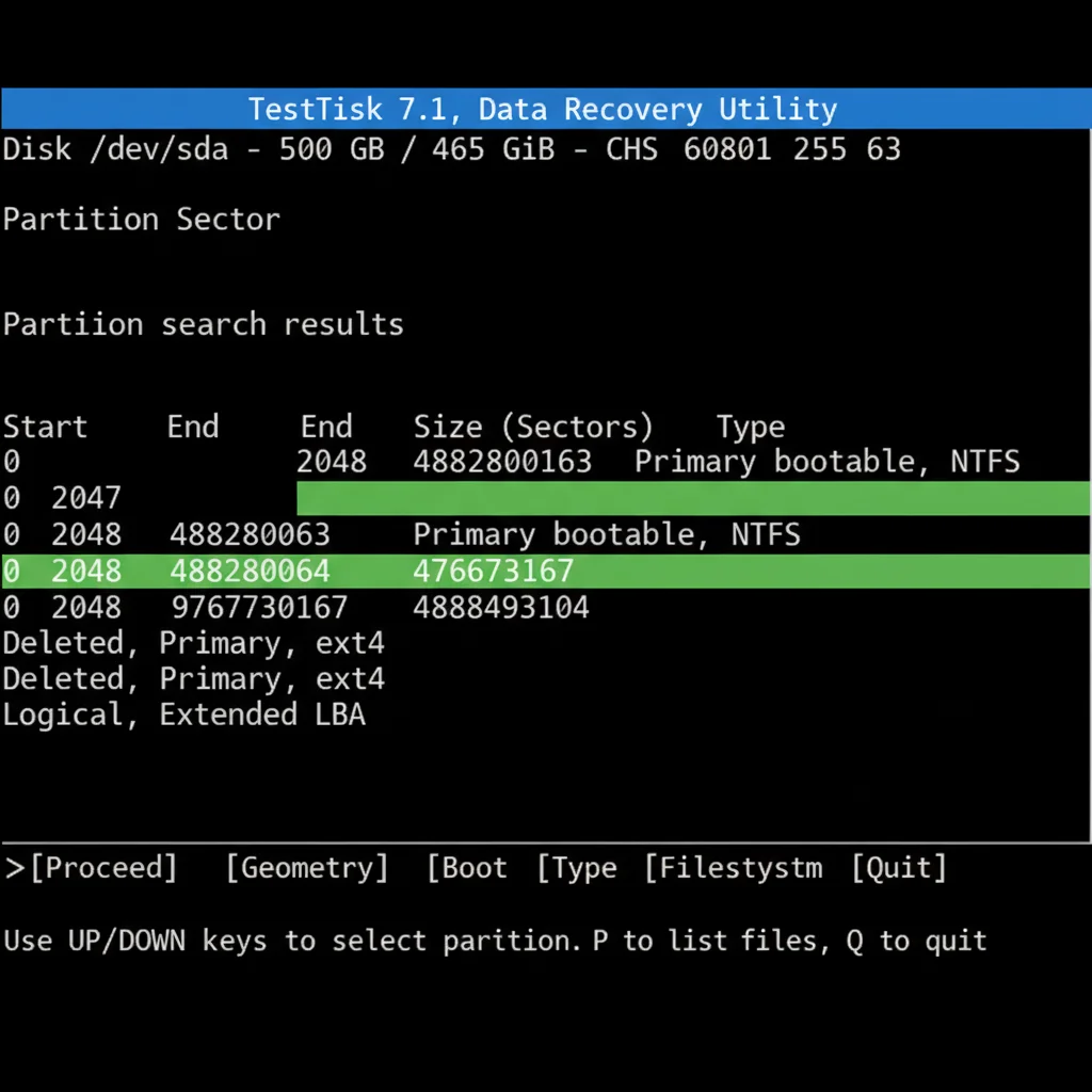 Resultado da busca por partições no TestDisk, exibindo as partições encontradas e seus detalhes.