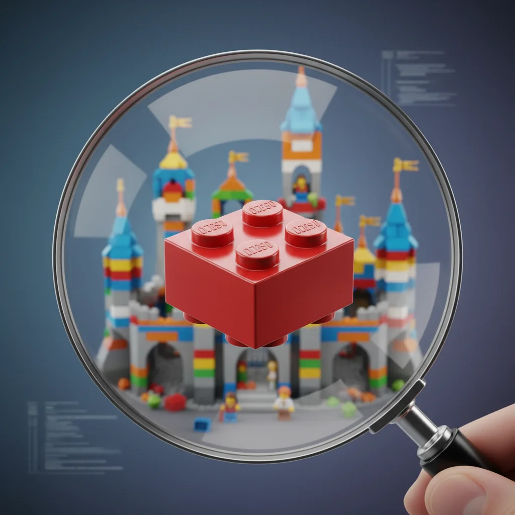 Ilustração de uma lupa focando em uma única peça de Lego, simbolizando um teste unitário inspecionando uma pequena parte do código.