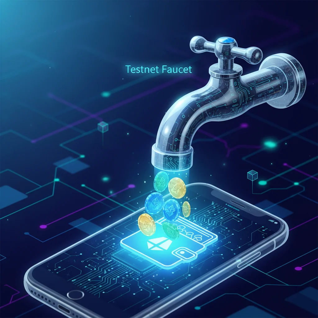 Representação de um Faucet de Testnet, uma torneira digital fornecendo moedas de teste para uma carteira de criptomoedas.
