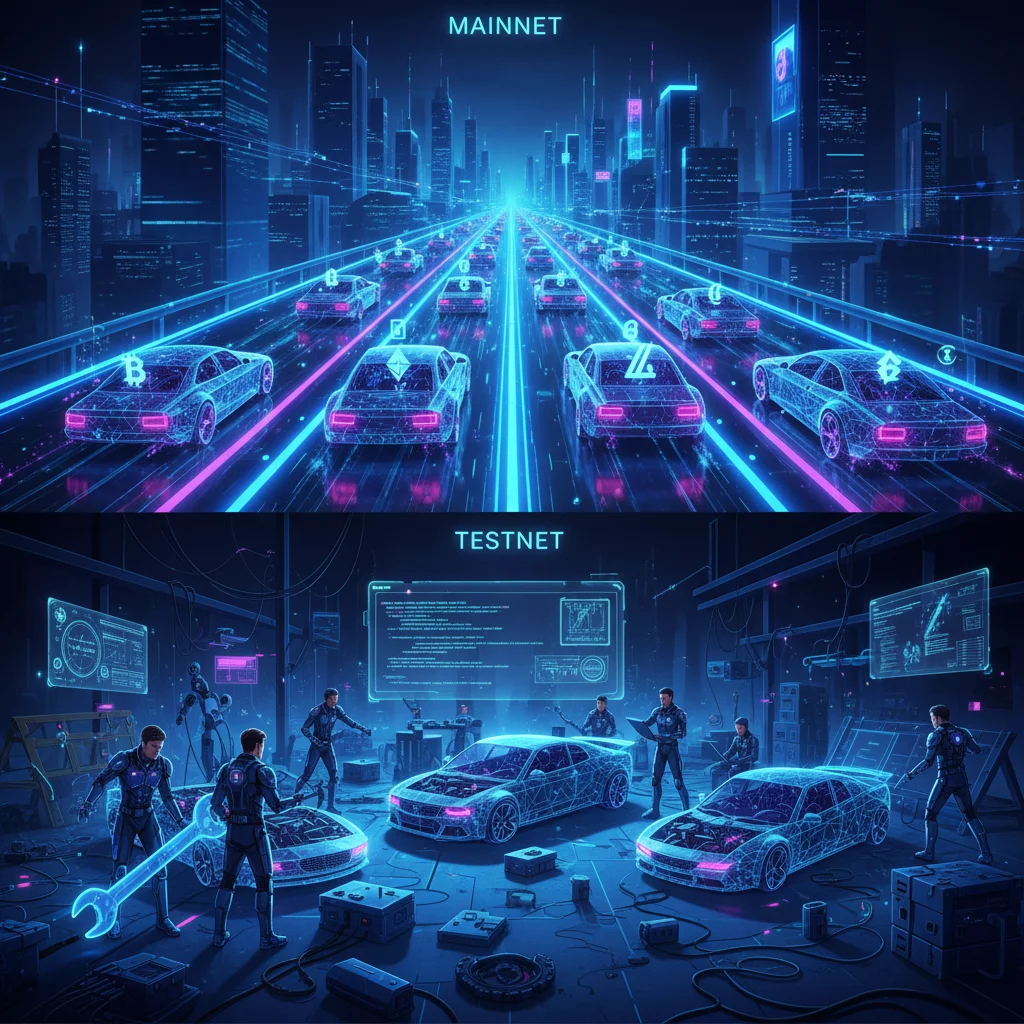 Ilustração comparando a Mainnet, uma rodovia movimentada, com a Testnet, uma oficina de testes para criptomoedas.