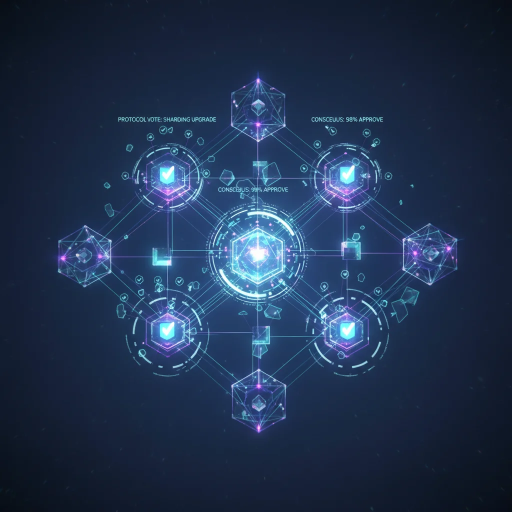 Ilustração do mecanismo de governança on-chain da blockchain Tezos, mostrando a rede se auto-atualizando.