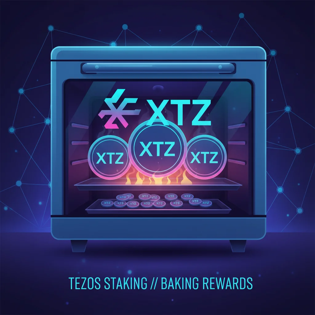 Conceito de 'baking' na rede Tezos, o processo de staking para validar transações e ganhar recompensas em XTZ.