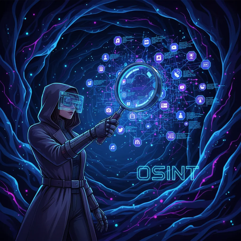 Ilustração de um detetive de dados analisando informações em uma rede, representando o conceito de OSINT (Inteligência de Fontes Abertas).
