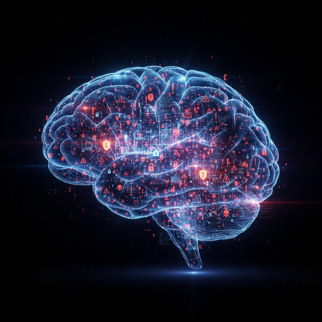 Representação visual do conceito de Threat Intelligence: um cérebro digital iluminado analisa fluxos de dados sobre ameaças cibernéticas para fortalecer a segurança.