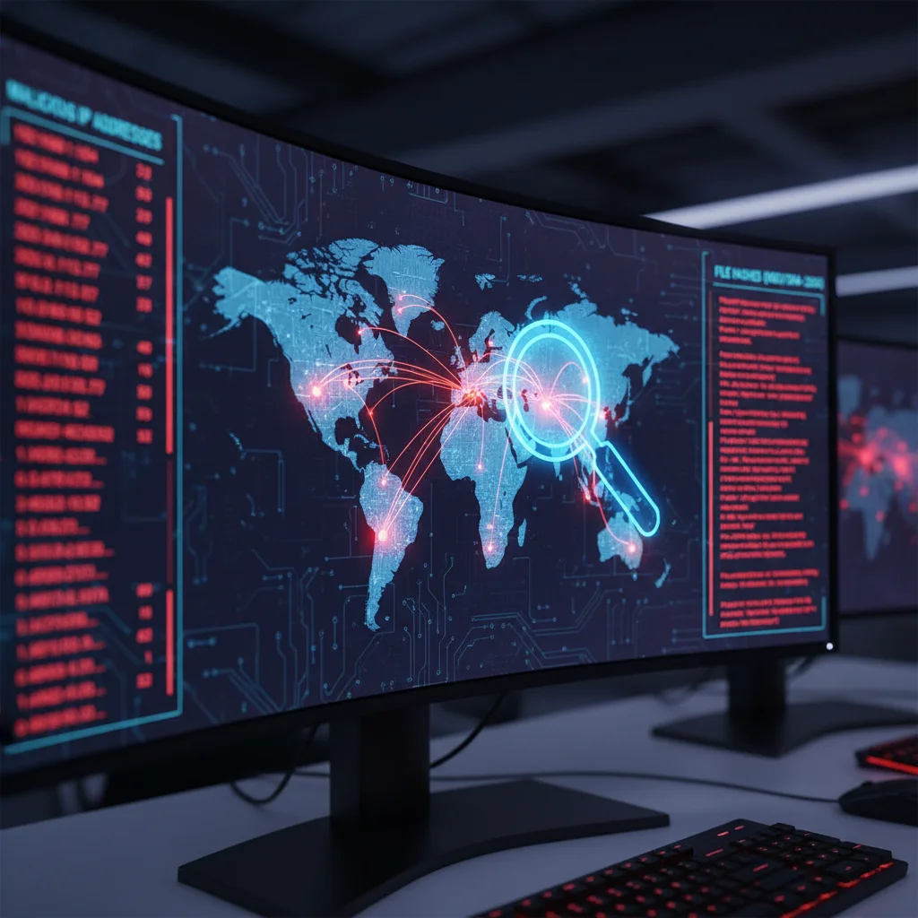 Painel de análise de dados exibindo um mapa com origens de ataques e uma lista de Indicadores de Comprometimento (IoCs) como IPs maliciosos.