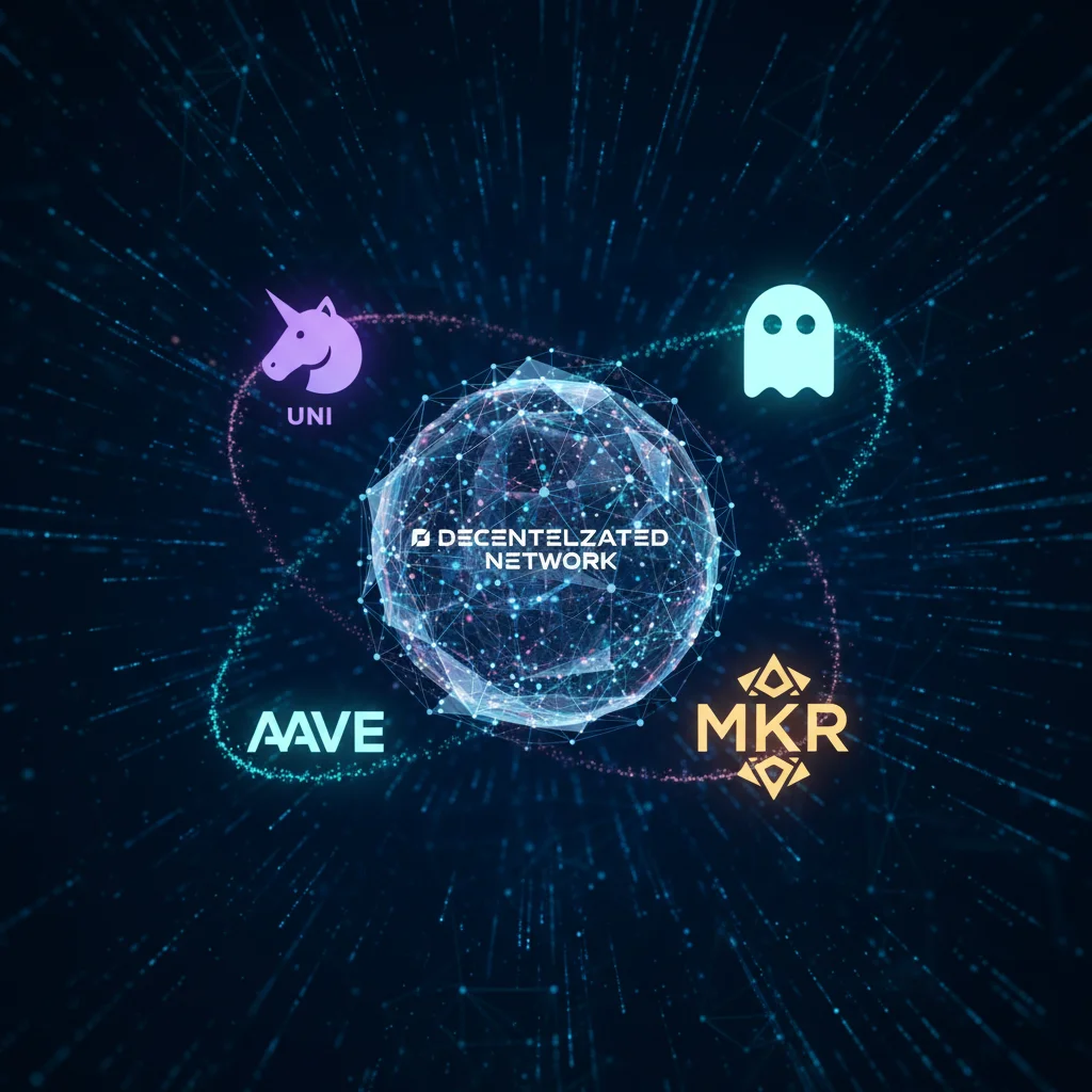 Logos de tokens de governança famosos como UNI, AAVE e MKR.
