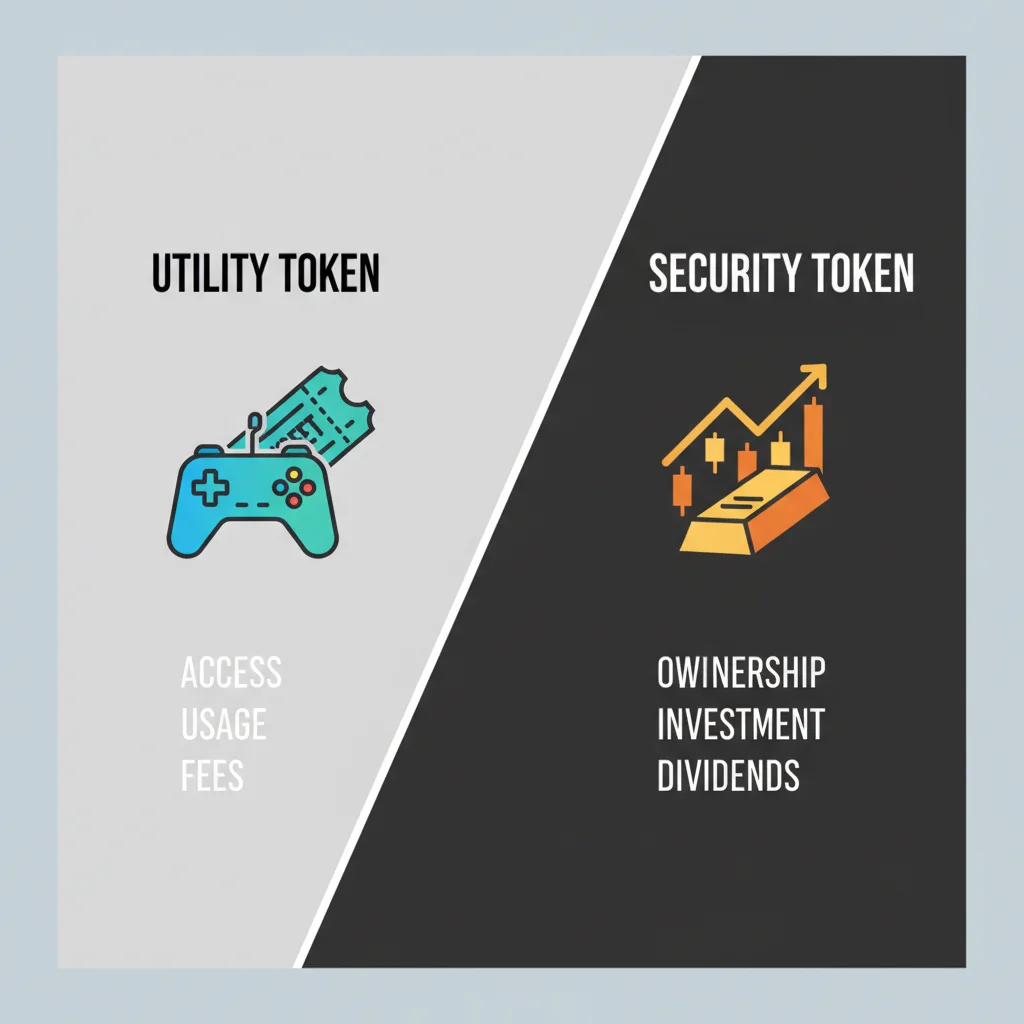 Infográfico comparando um Token de Utilidade, que dá acesso, com um Security Token, que representa um investimento.