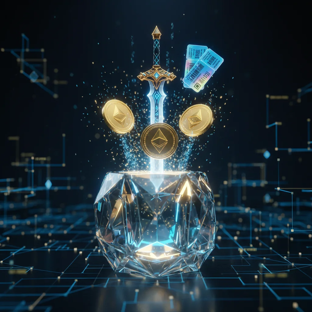 Ilustração conceitual de um contrato inteligente que gerencia um Token ERC-1155, mostrando a emissão simultânea de itens fungíveis, como moedas douradas, e um item não-fungível, como uma espada ornamental.