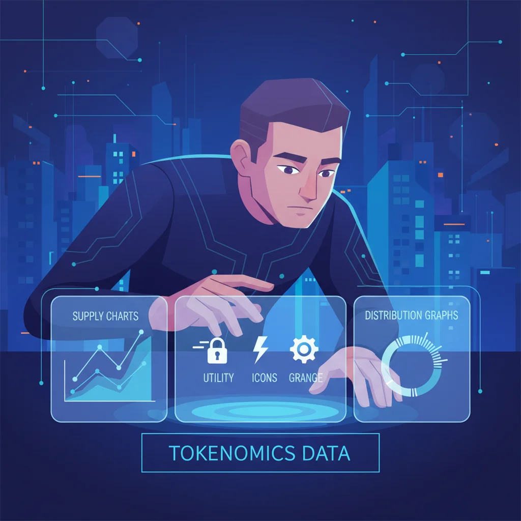 Investidor analisando dados e gráficos de tokenômica em uma tela digital.