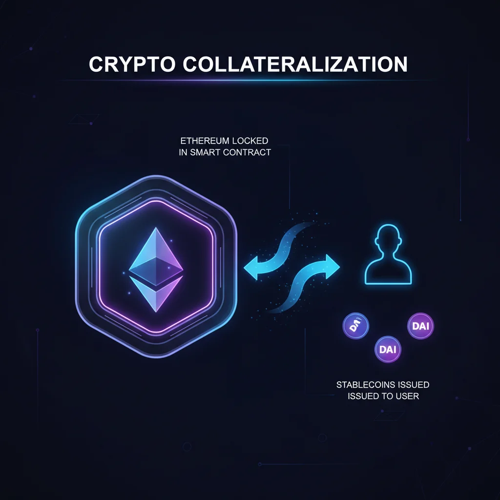 Infográfico explicando como funcionam os tokens de garantia em DeFi, mostrando um criptoativo sendo depositado em um contrato inteligente para liberar um empréstimo.