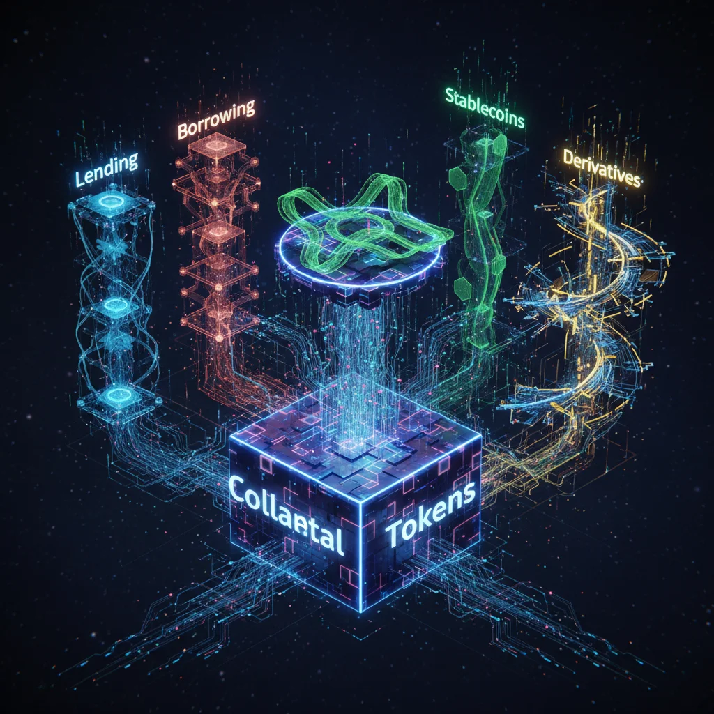 Ilustração do ecossistema DeFi, mostrando que os tokens de garantia são a base para serviços como empréstimos, stablecoins e derivativos.
