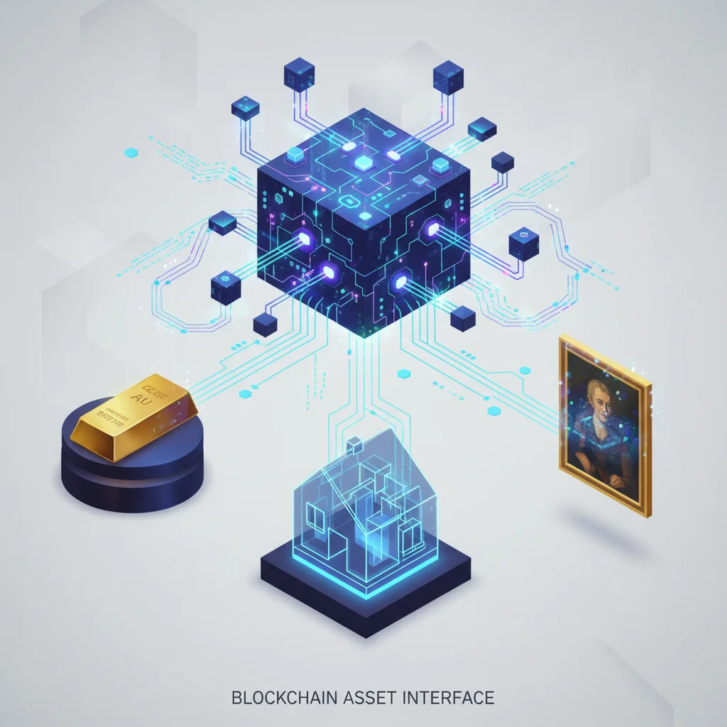 Ilustração conceitual de tokens lastreados, mostrando a conexão entre ativos físicos como ouro e imóveis com a tecnologia blockchain.