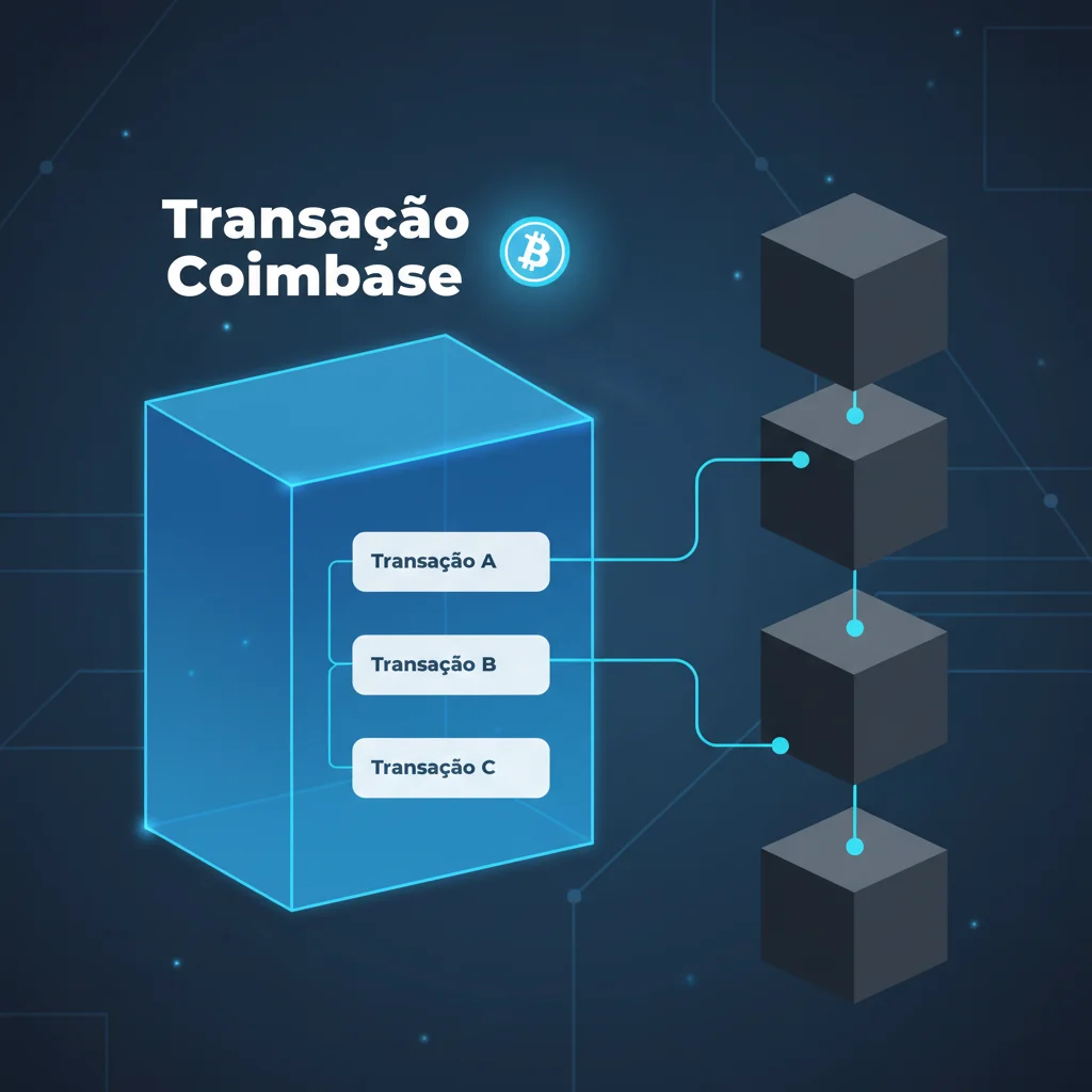 Infográfico explicando o que é uma transação da base da moeda (Coinbase) dentro de um bloco de blockchain.