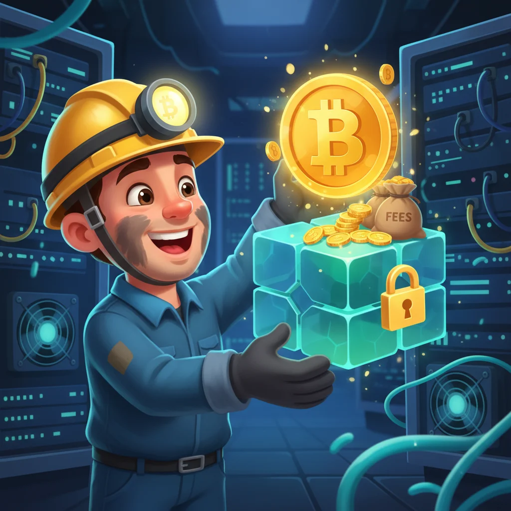 Ilustração de um minerador de criptomoedas recebendo a recompensa do bloco e as taxas de transação.