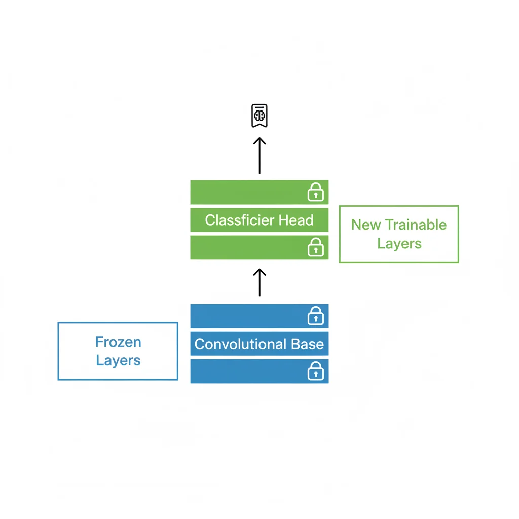 Diagrama mostrando a arquitetura de um modelo de IA: as camadas de base pré-treinadas estão congeladas (com um ícone de cadeado) e novas camadas personalizadas são adicionadas no topo para treinamento.