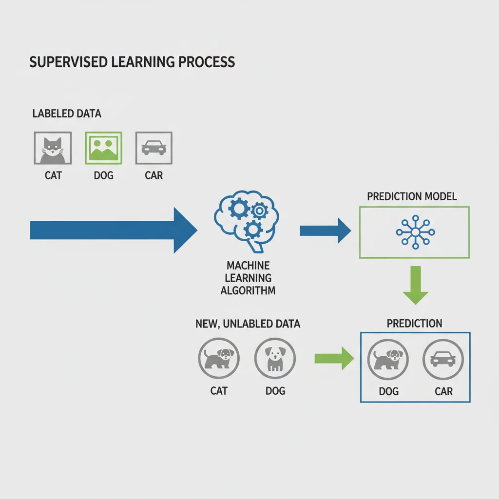Infográfico explicando o processo de treinamento supervisionado, mostrando dados rotulados alimentando um algoritmo para criar um modelo preditivo.