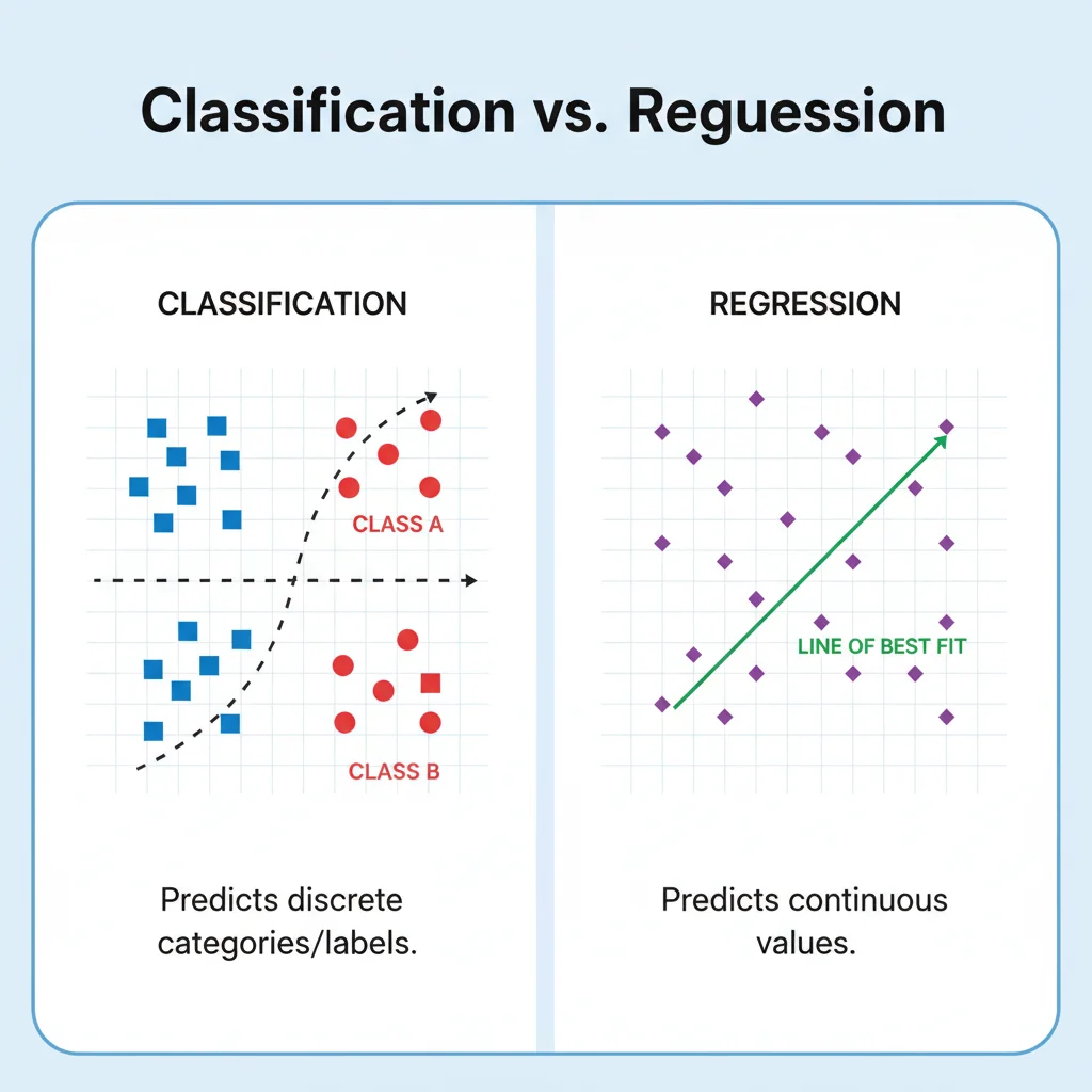Diagrama comparando Classificação (separação de dados em grupos) e Regressão (previsão de um valor contínuo) em machine learning.