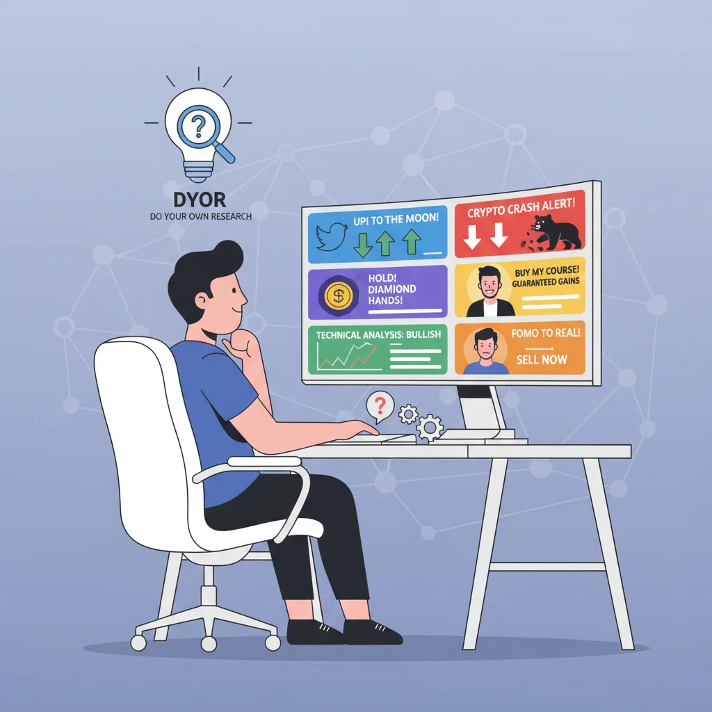 Pessoa pesquisando sobre criptomoedas em meio a muita informação para tomar uma decisão informada.