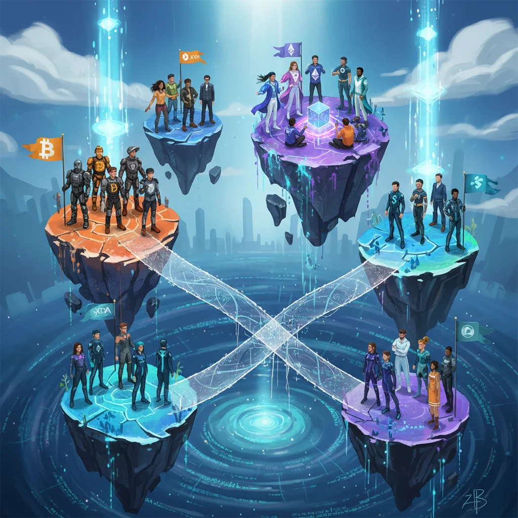 Ilustração de diferentes comunidades de criptomoedas, cada uma em sua 'ilha', representando o tribalismo blockchain.