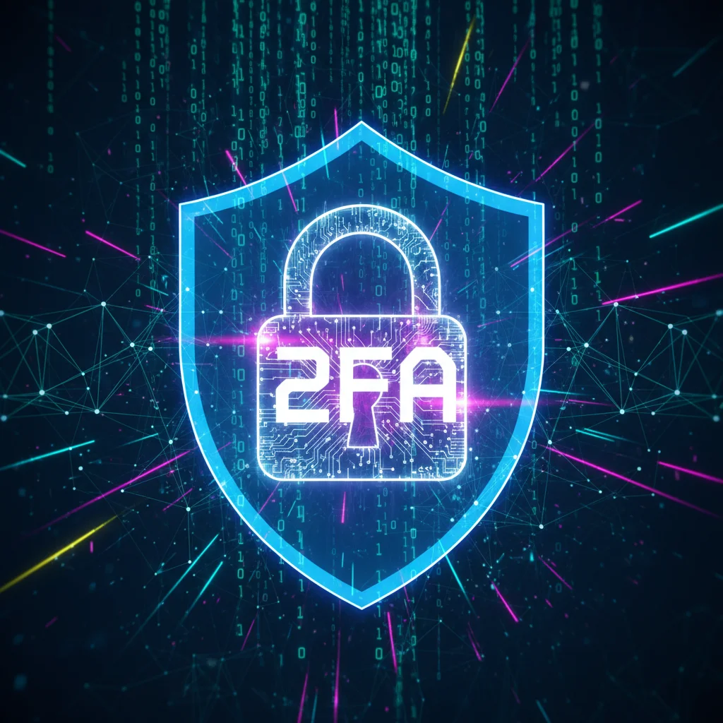 Ilustração de um cadeado digital protegido por um escudo com a sigla 2FA, simbolizando a segurança da Autenticação de Dois Fatores.