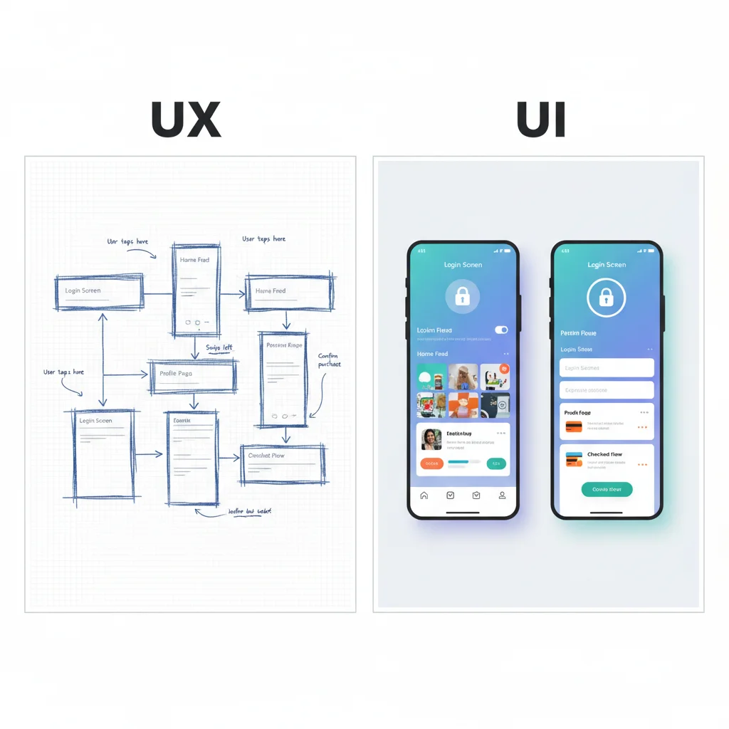 Infográfico comparando UX (a estrutura e fluxo) e UI (a aparência visual) de um aplicativo.