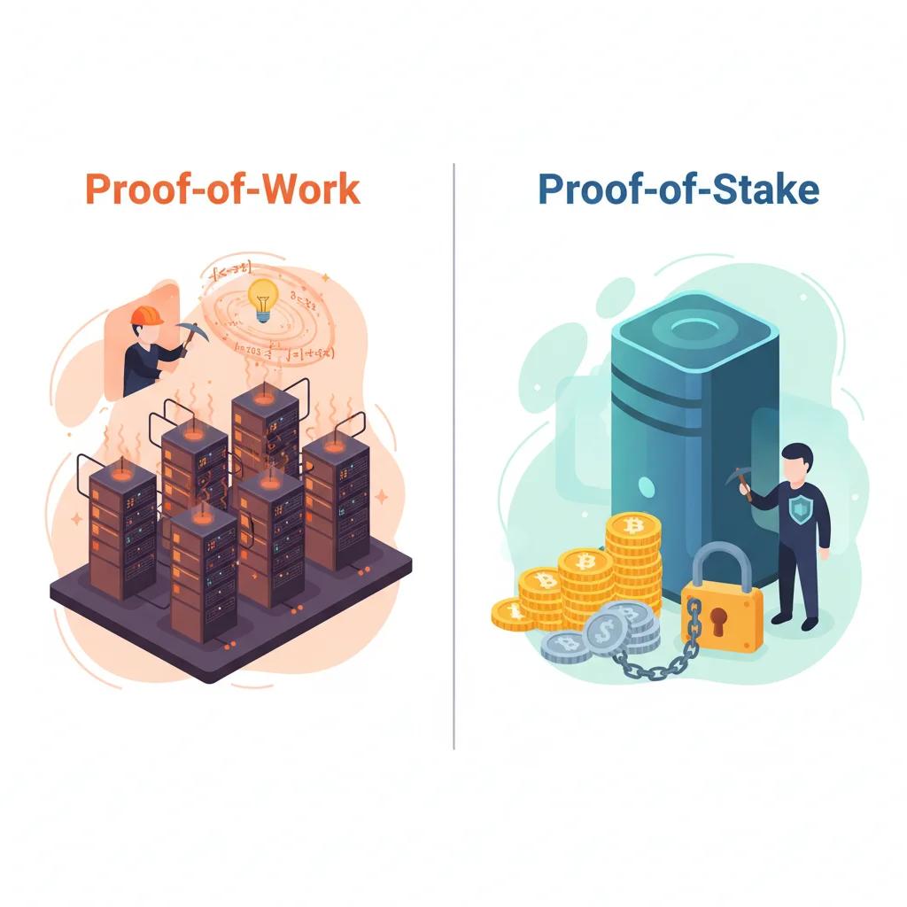 Comparativo visual entre Mineração (Proof-of-Work) e Validação (Proof-of-Stake).