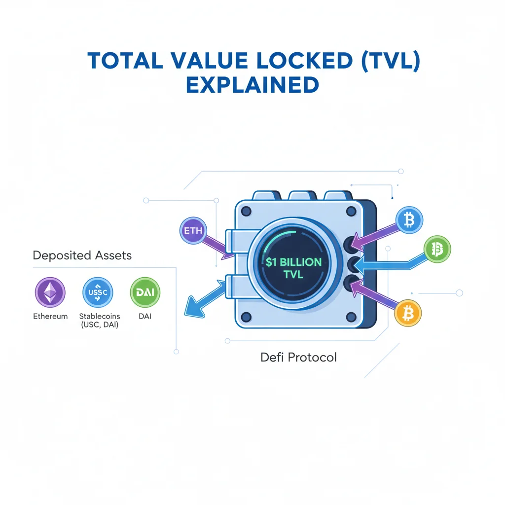 Infográfico explicando o que é Valor Total Bloqueado (TVL) em DeFi.