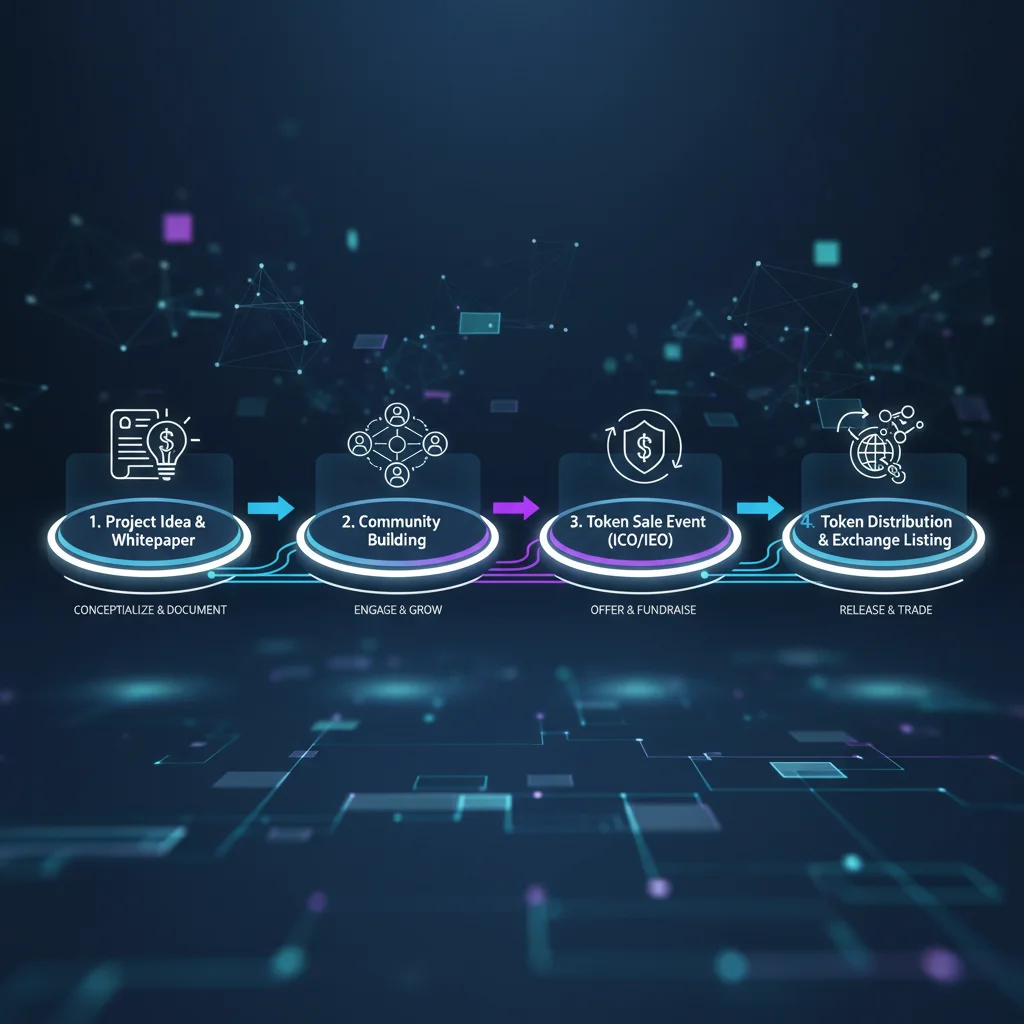 Infográfico mostrando o passo a passo de como funciona uma venda de token, desde a ideia do projeto até a listagem em uma exchange.