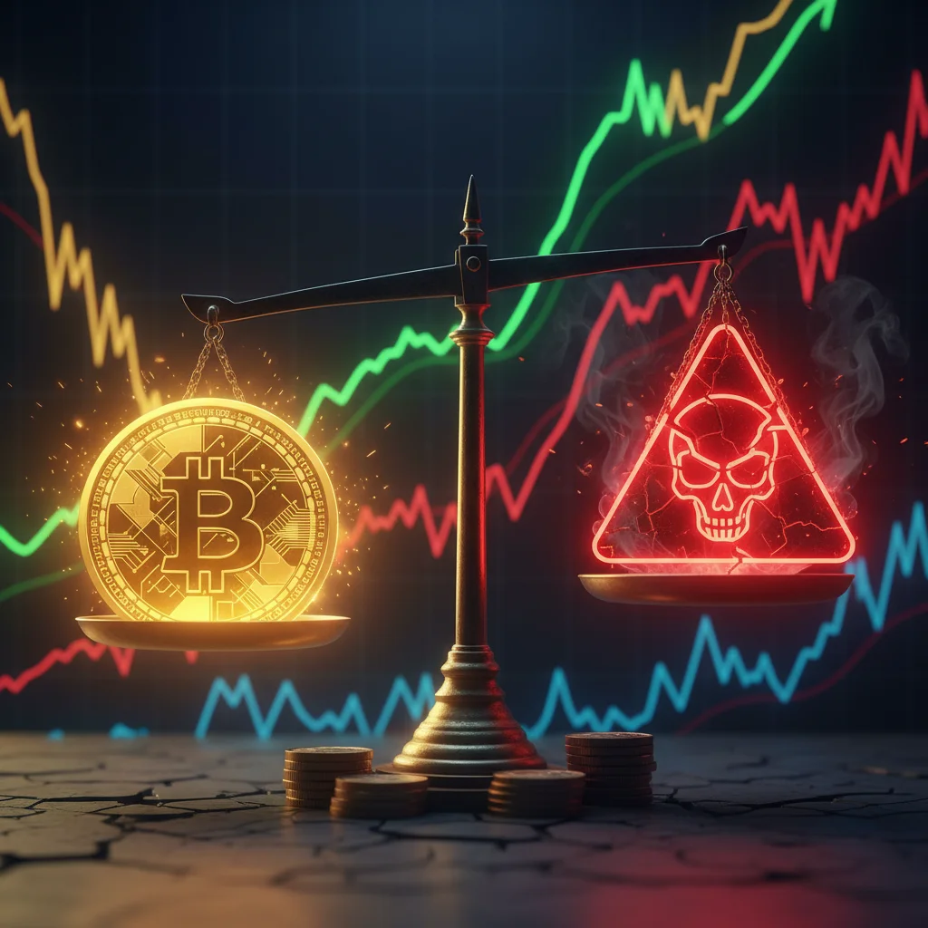 Balança equilibrando um token dourado de um lado e um símbolo de alerta vermelho do outro, representando os riscos e recompensas de uma venda de token.