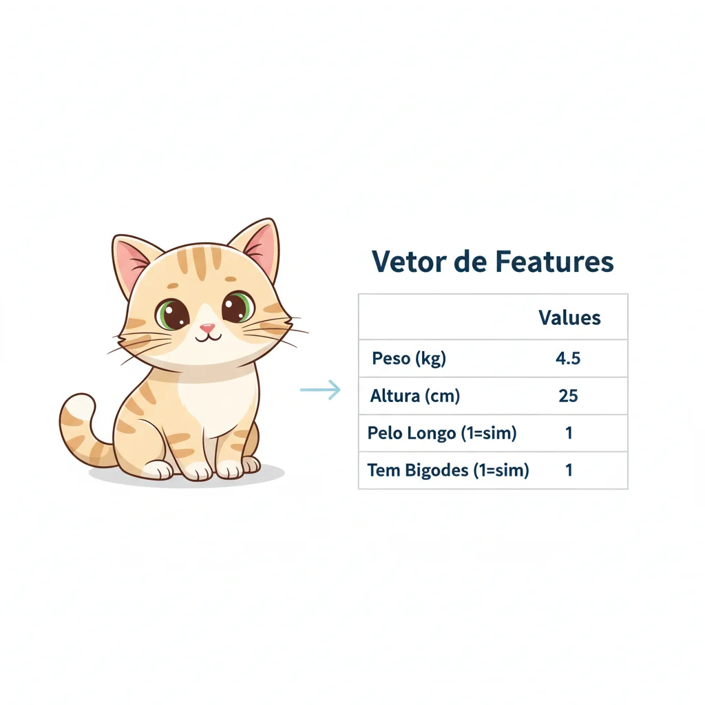 Infográfico mostrando um gato e seu correspondente vetor de features com características como peso, altura e se tem pelo longo.