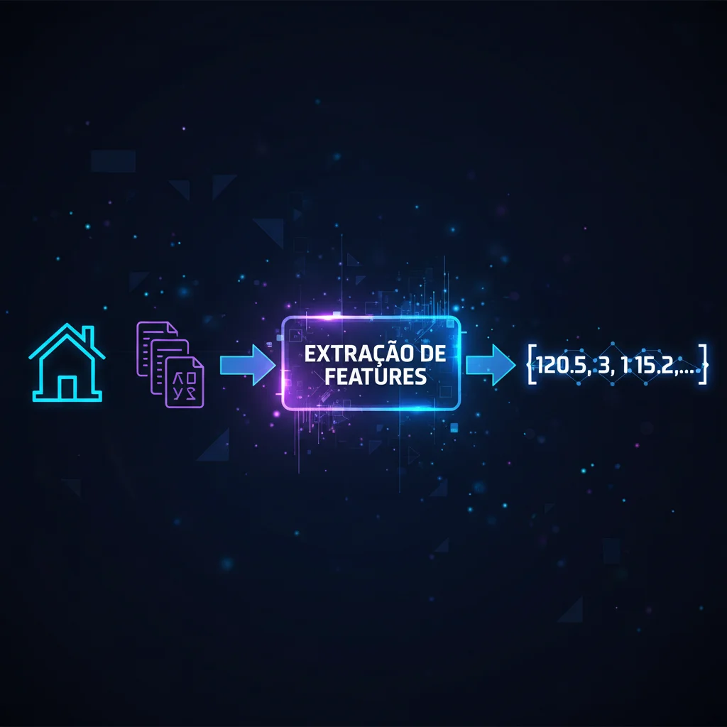 Diagrama do processo de extração de features, mostrando dados brutos sendo convertidos em um vetor numérico para a IA.