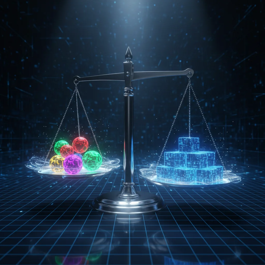 Visualização de uma balança da justiça digital desequilibrada, ilustrando o conceito de Viés na IA, com mais cubos de dados de um lado do que do outro.