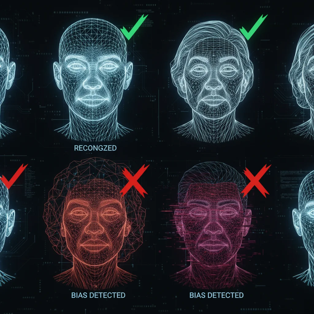 Grid digital com vários rostos em wireframe, mostrando um sistema de reconhecimento facial que identifica corretamente um rosto masculino branco, mas falha ao reconhecer um rosto feminino negro.