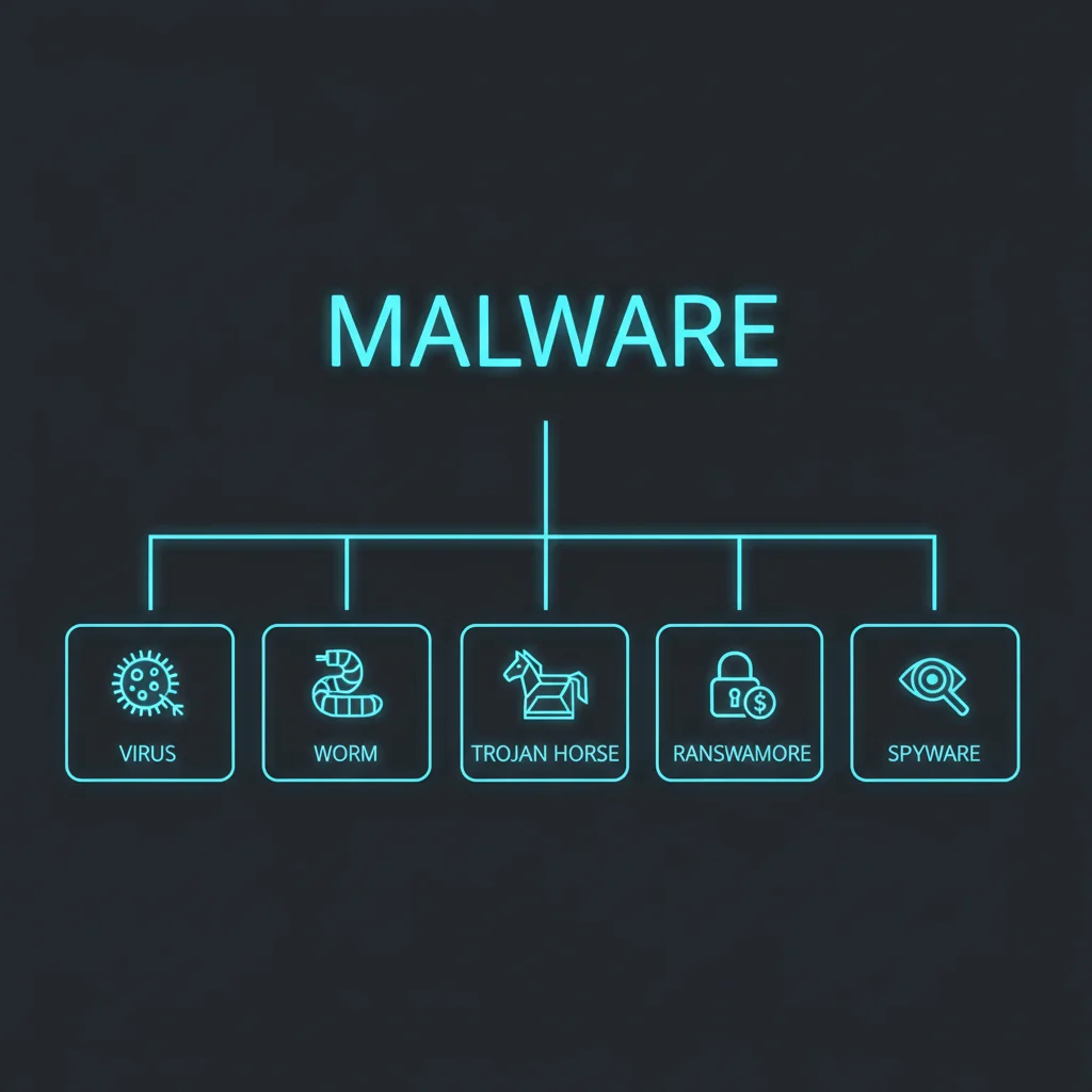 Diagrama mostrando que vírus é um tipo de malware, junto com worms e trojans.