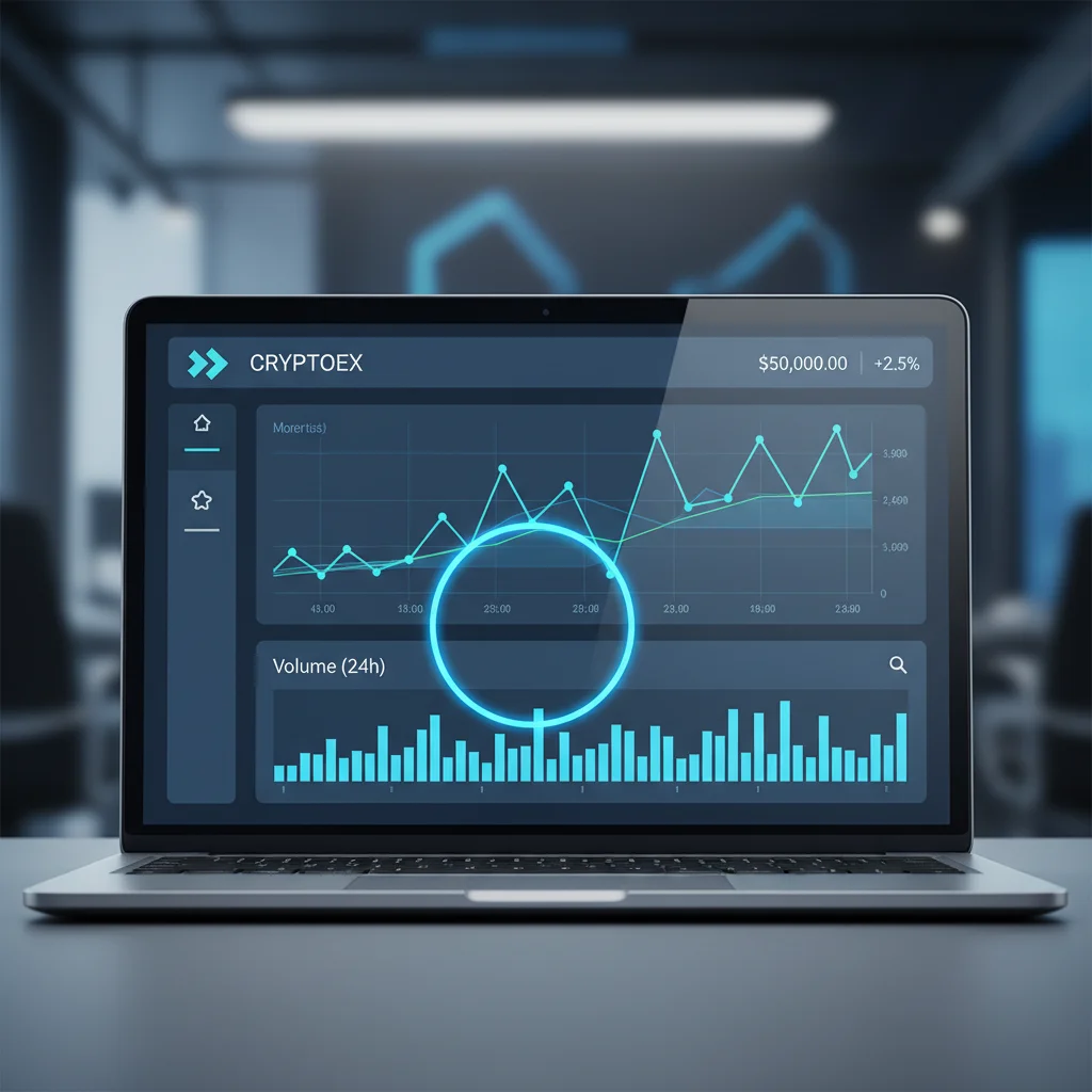 Interface de uma exchange de criptomoedas destacando onde encontrar o indicador de volume de trading.