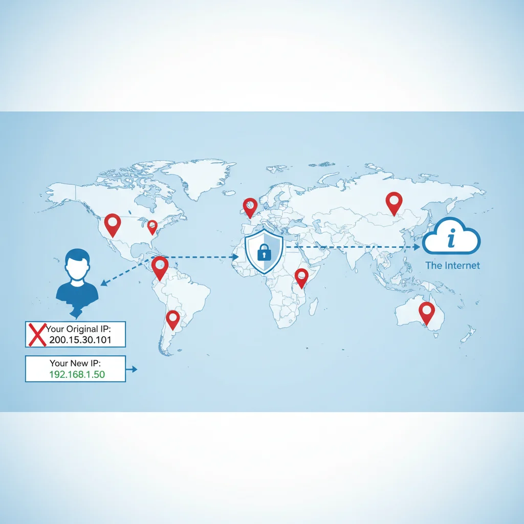 Infográfico mostrando como uma VPN mascara o endereço de IP original do usuário.