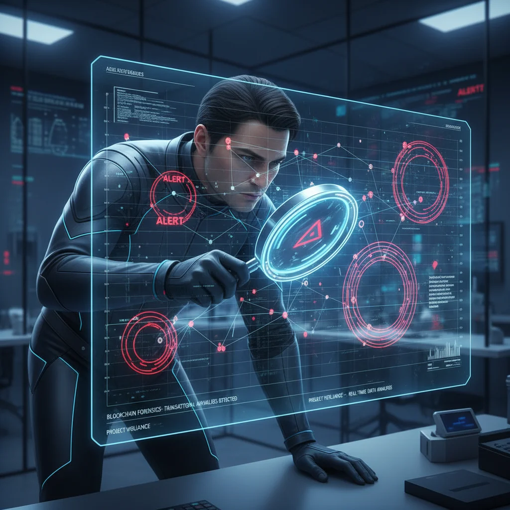 Investidor analisando um gráfico de transações na blockchain para identificar padrões suspeitos de wash trade.