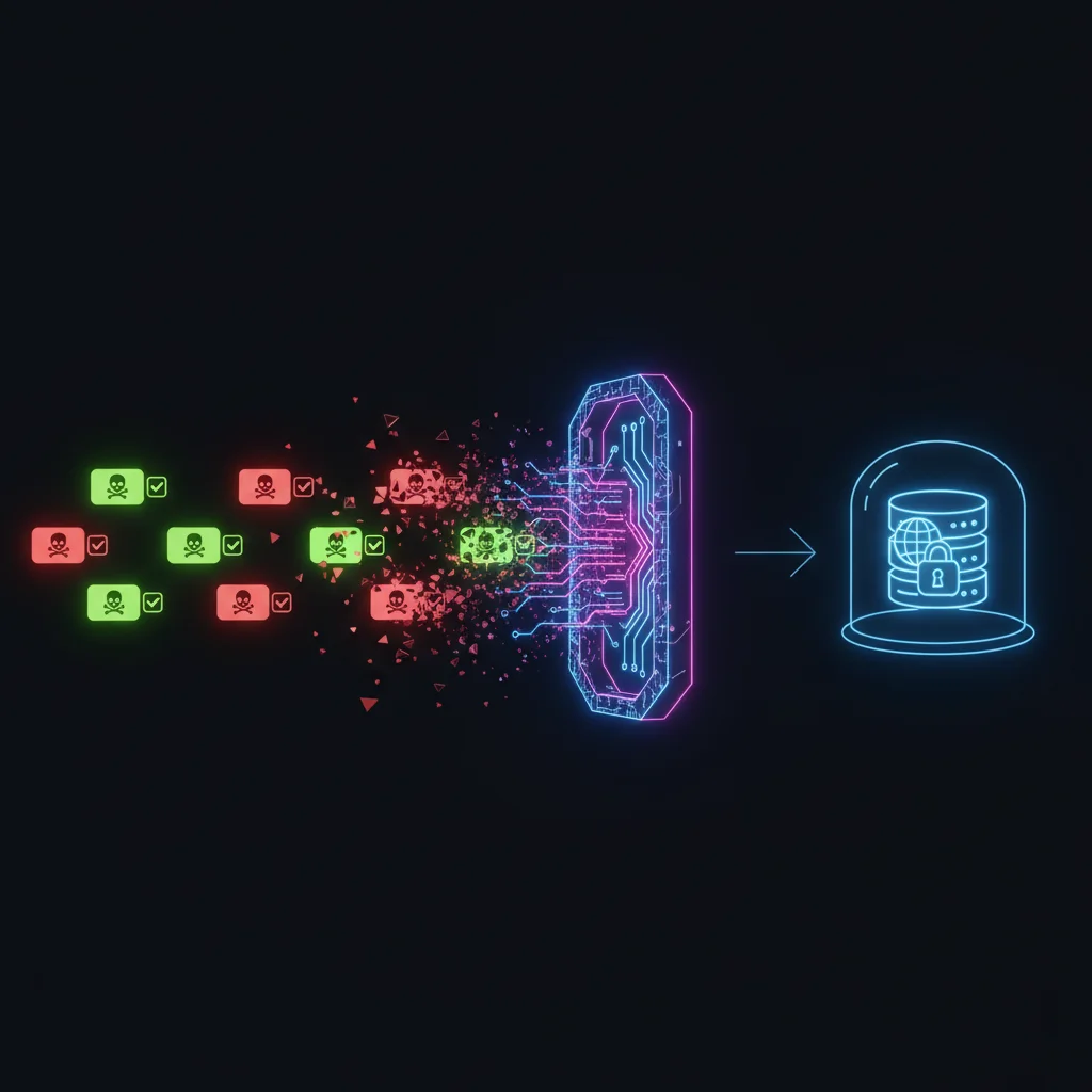 Diagrama mostrando o funcionamento de um WAF, filtrando tráfego malicioso (vermelho) e permitindo que o tráfego legítimo (verde) chegue ao servidor.