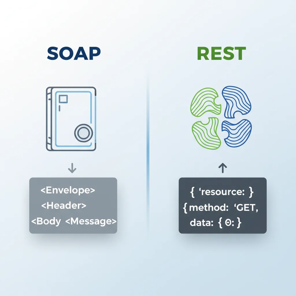 Comparativo entre os Web Services SOAP e REST, mostrando a rigidez do SOAP com XML e a flexibilidade do REST com JSON.